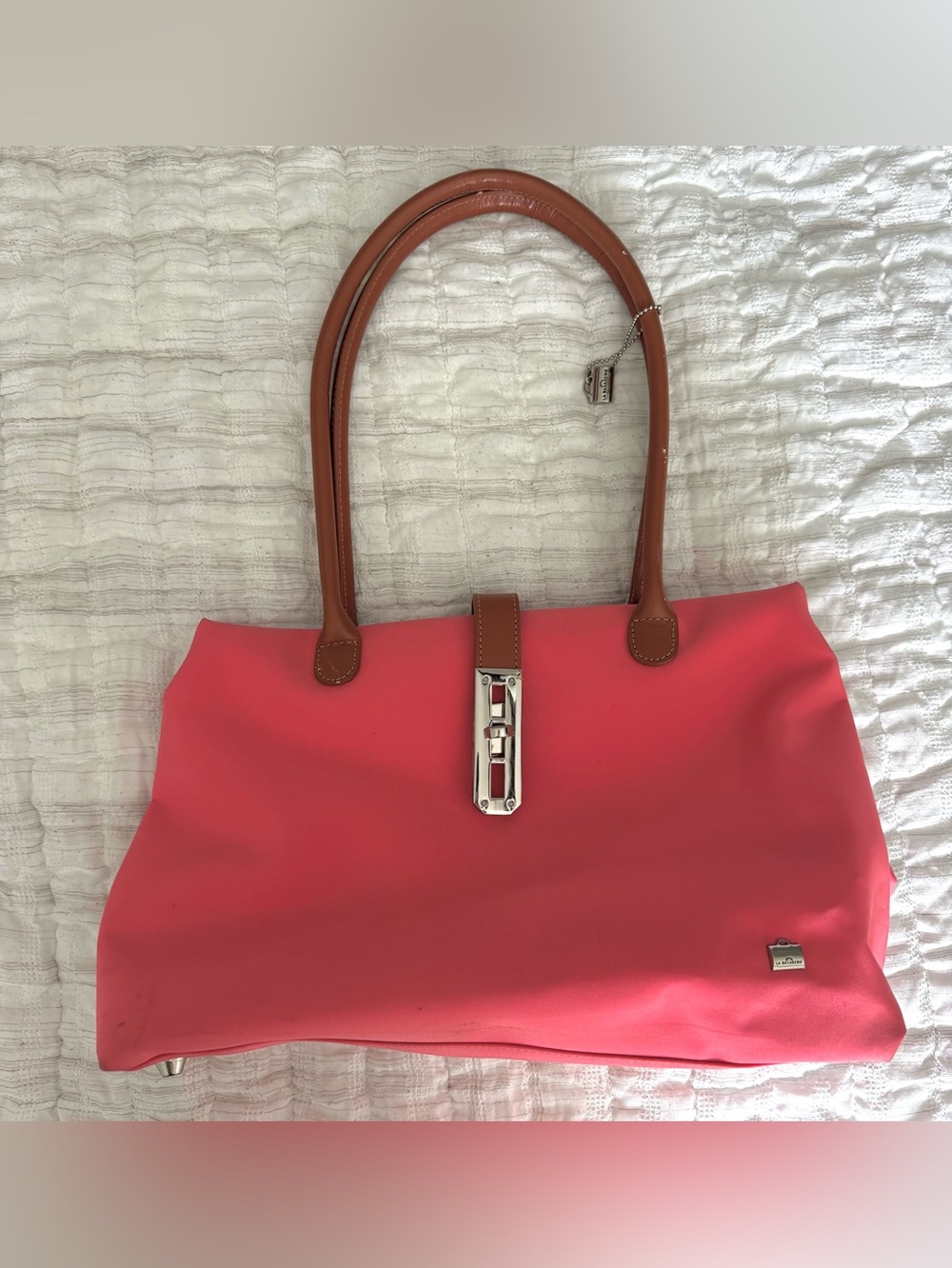 La Bagagerie Coral Pink Tote with Tan Leather Handles and Silver-Tone Clasp